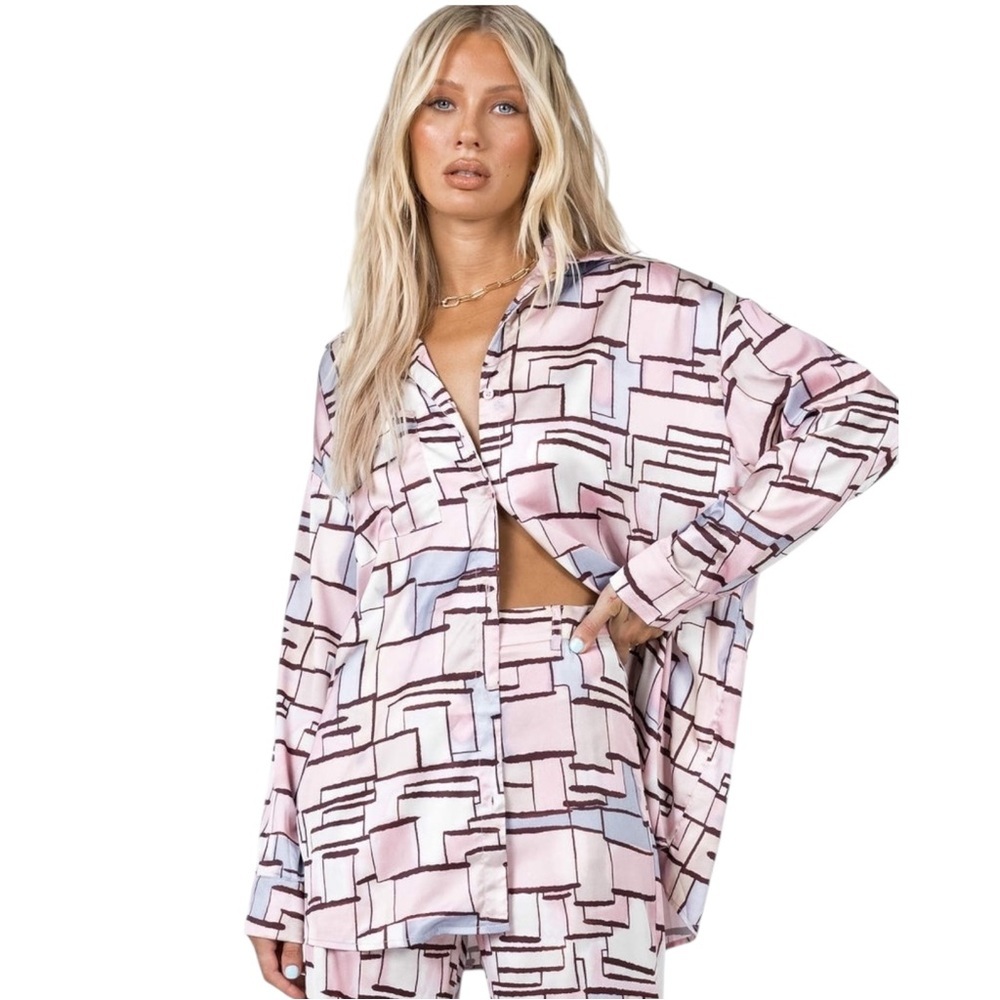 Princess Polly Harris Shirt Pastel Oversized Silky Button Down Geometric - Picture 3 of 6